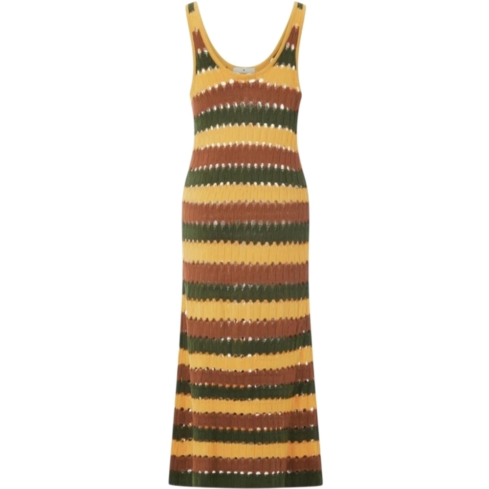 En Creme Open Knit Yellow Multi‎ Bodycon Midi Dress Striped Scoop Neck NIP